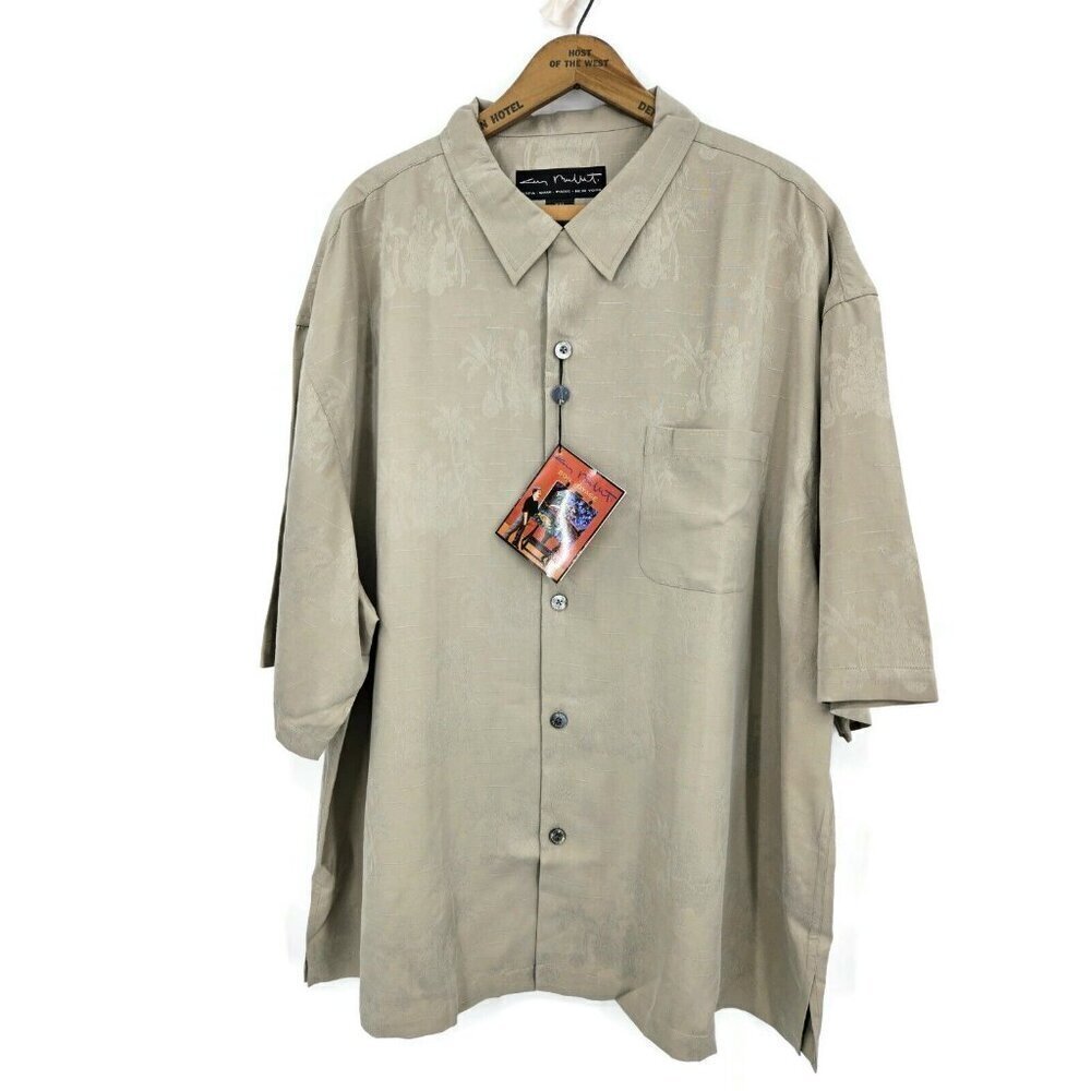 New Guy Buffet Silk Hawaiian Shirt Mens XXL Solid Tropical Beige Button Front